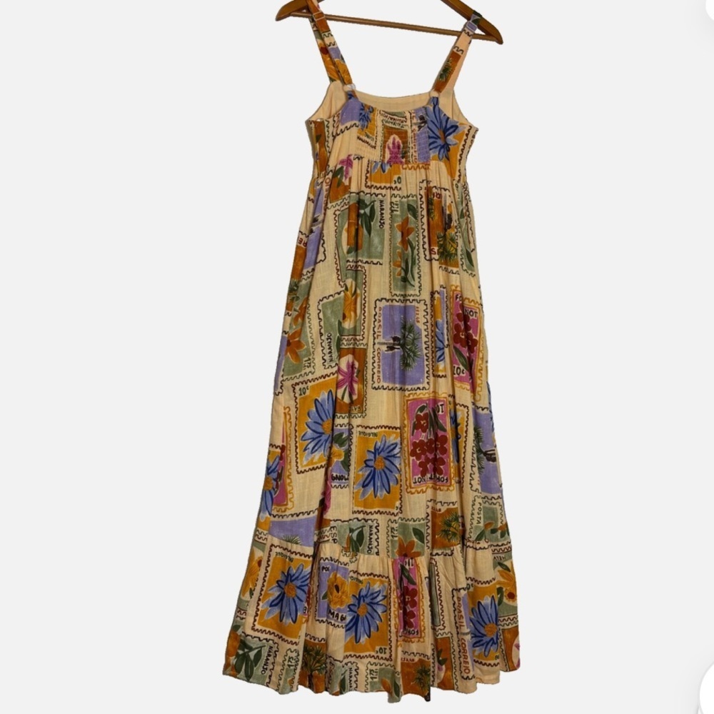 NWT Paper Heart Floral Stamp Postcard Maxi Style Dress XS Peach Linen Blend Boho - Picture 2 of 11
